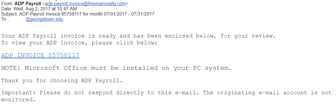 Payroll invoice phishing email example