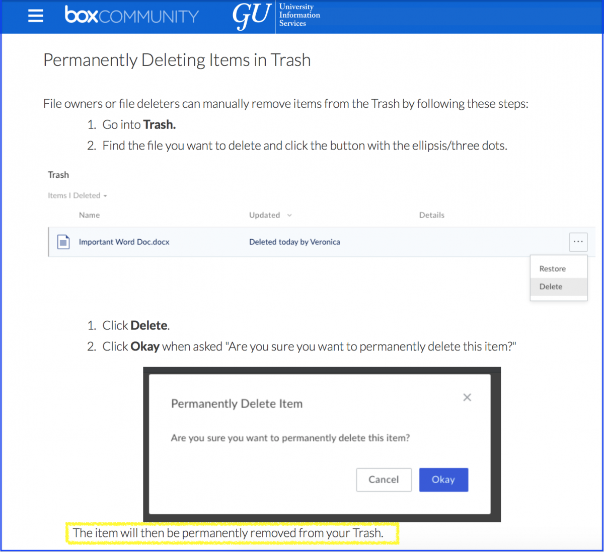 steps to delete files from Box trashcan