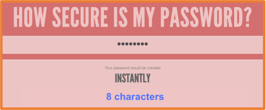 password checker showing it can take 3 microseconds to crack an 8-character password