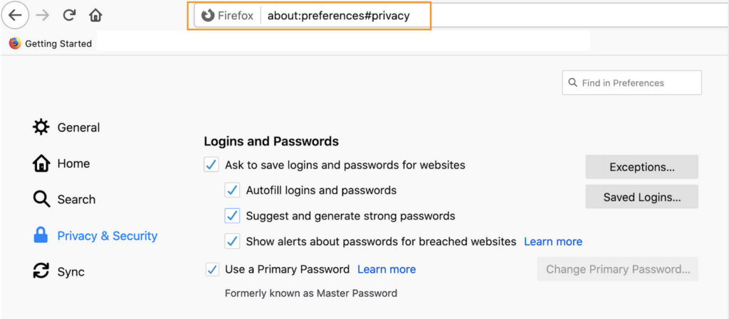 Image of Firefox about:preferences#privacy page