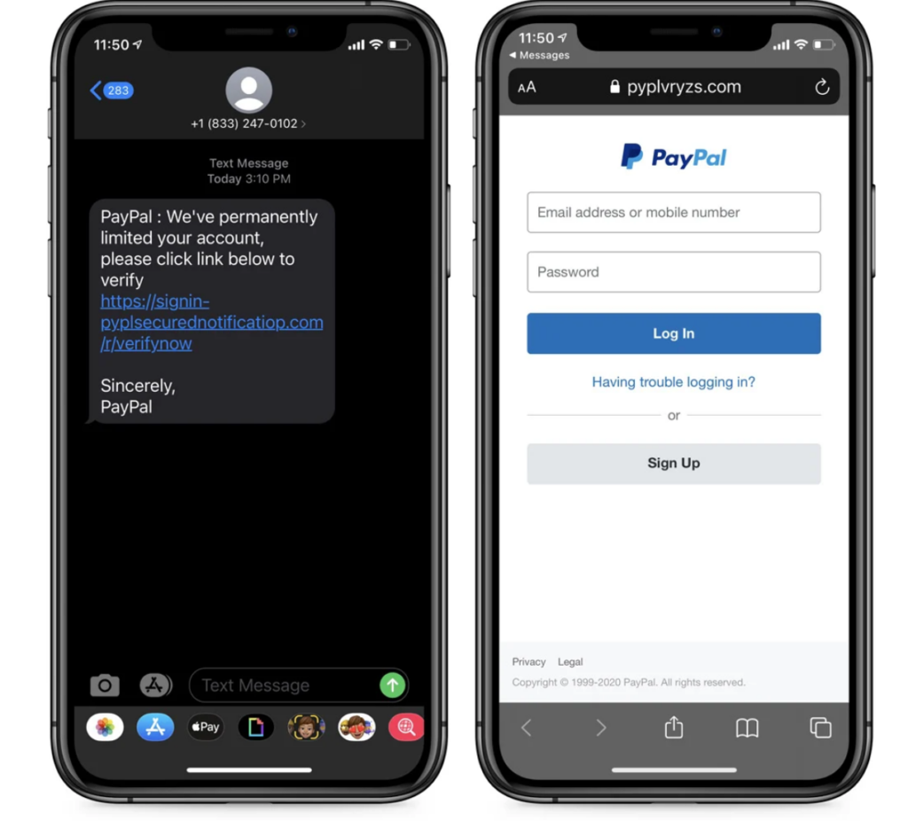 Image of PayPal smishing text and landing page