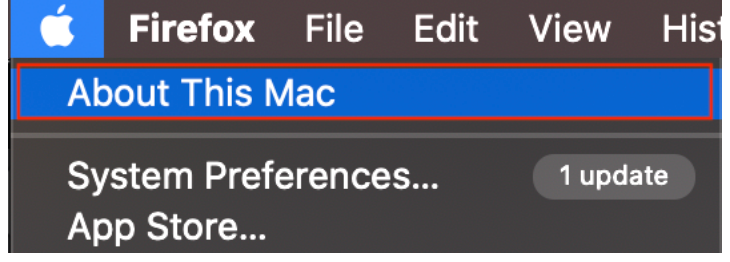 Screen shot of Apple with "About This Mac" in a Red Box.