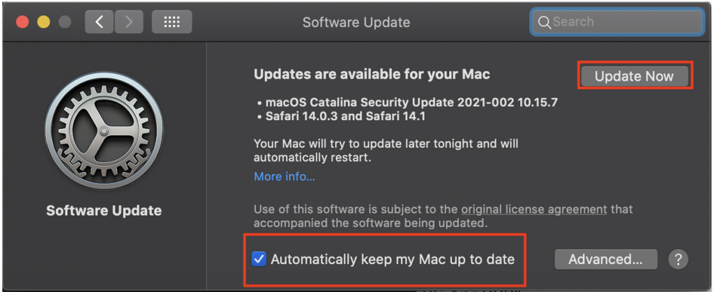 Screenshot of Software Update with "Update Now" in a red box and "Automatically keep my Mac up to date" checked with a red box around it.