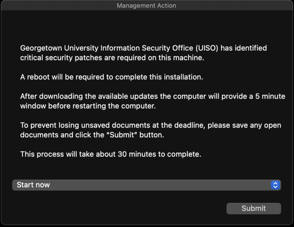 Screenshot of notification to user that critical security patches are required on the machine.