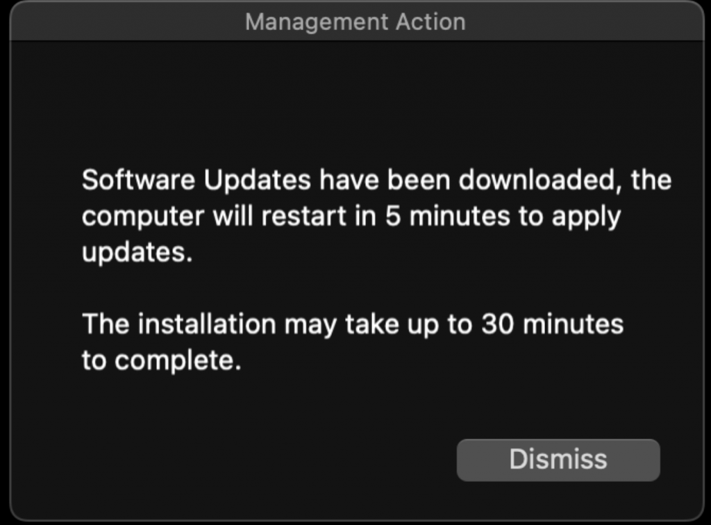 Screenshot of notification to user that software updates have been downloaded and that the computer will restart in 5 minutes to apply updates. The installation may take up to 30 minutes to complete.