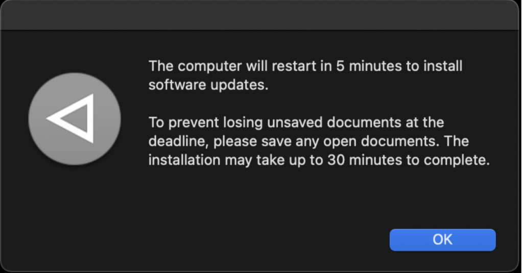 Additional notification that the computer will restart in 5 minutes and a reminder to save any open documents.