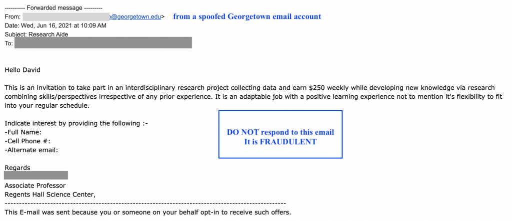 phishing email about a fraudulent job offer as a research assistance