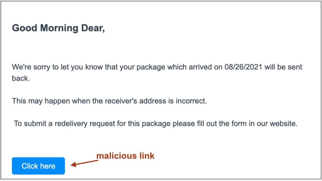 phishing email containing a fraudulent link to a package delivery receipt